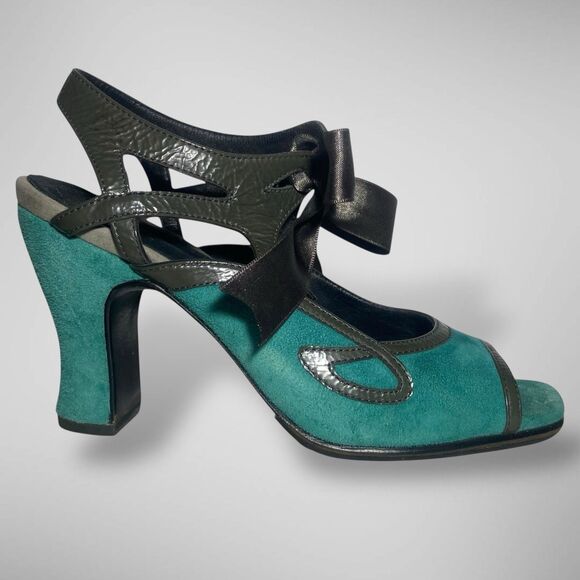 JOHN FLUEVOG Miracles Fatima Open toe Pump Heels Shoes Women Sz 7 Turquoise Grey